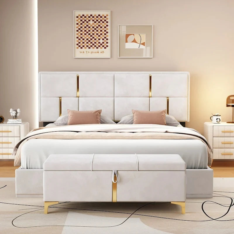 Lit plateforme tapissé avec pouf de rangement