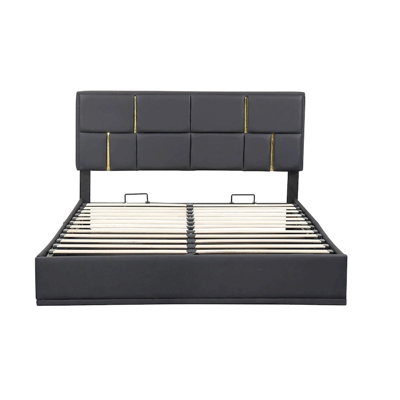 Lit plateforme tapissé avec pouf de rangement