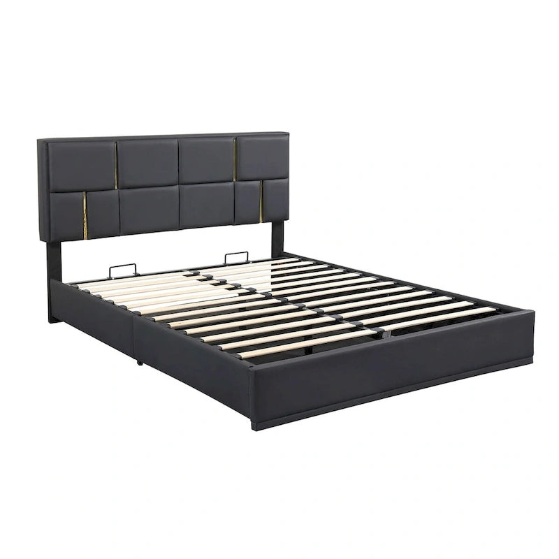 Lit plateforme tapissé avec pouf de rangement