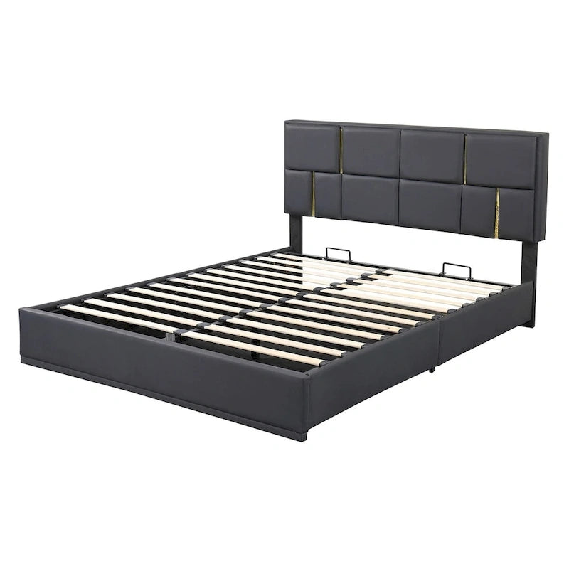 Lit plateforme tapissé avec pouf de rangement