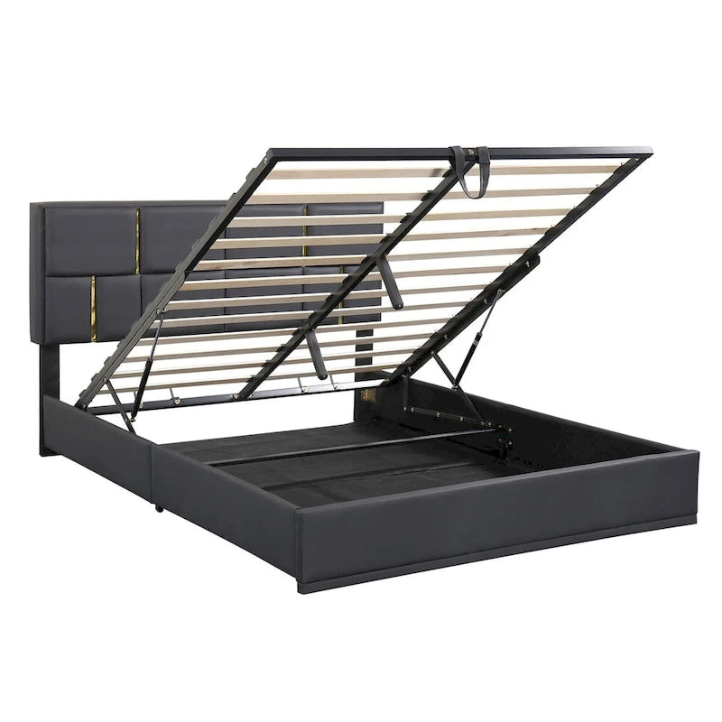 Lit plateforme tapissé avec pouf de rangement
