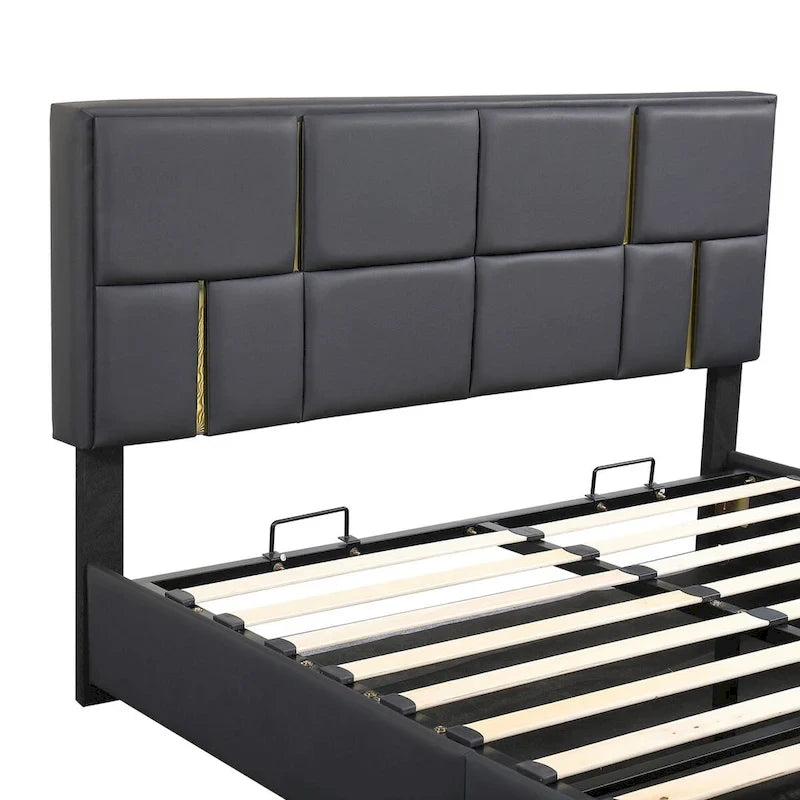 Lit plateforme tapissé avec pouf de rangement