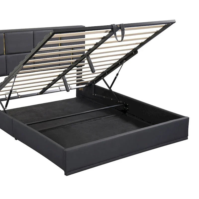 Lit plateforme tapissé avec pouf de rangement
