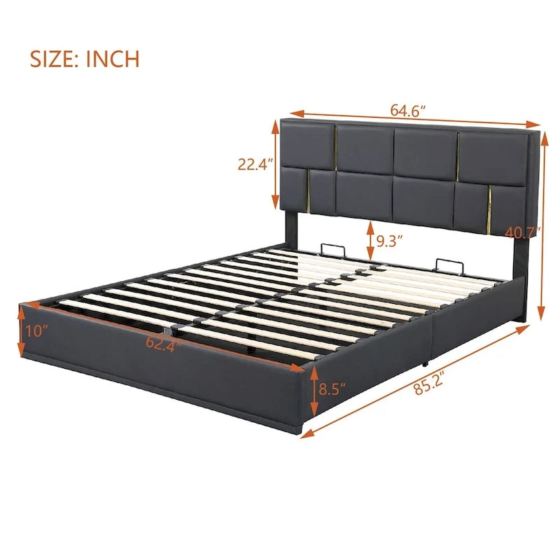 Lit plateforme tapissé avec pouf de rangement