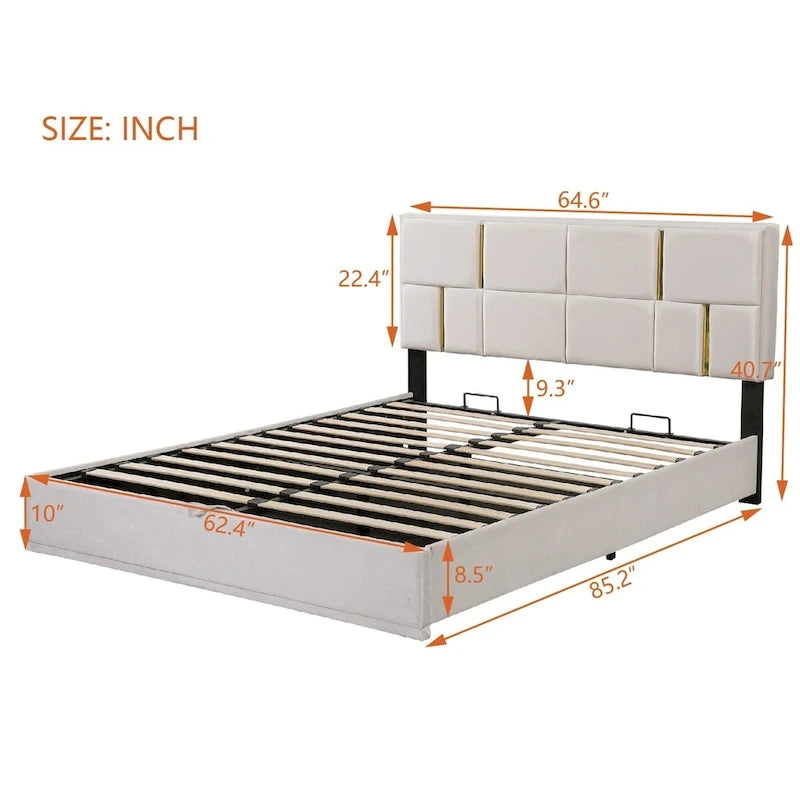 Lit plateforme tapissé avec pouf de rangement