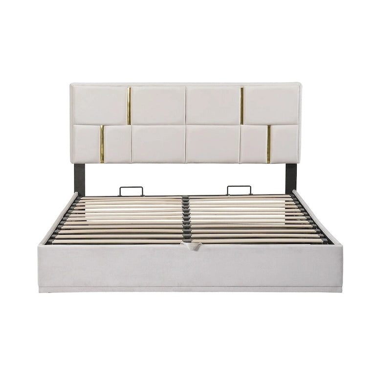 Lit plateforme tapissé avec pouf de rangement