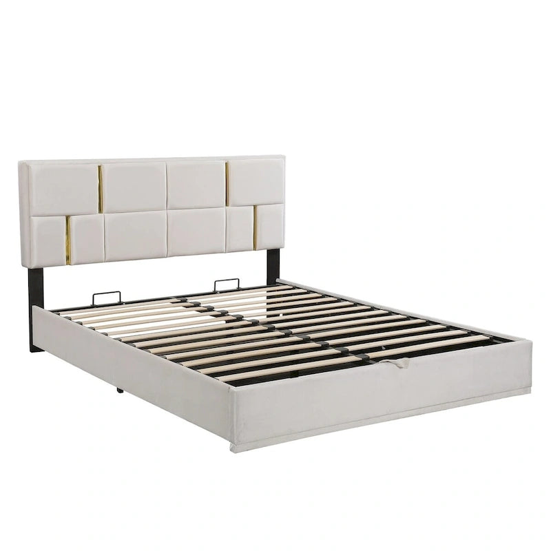 Lit plateforme tapissé avec pouf de rangement