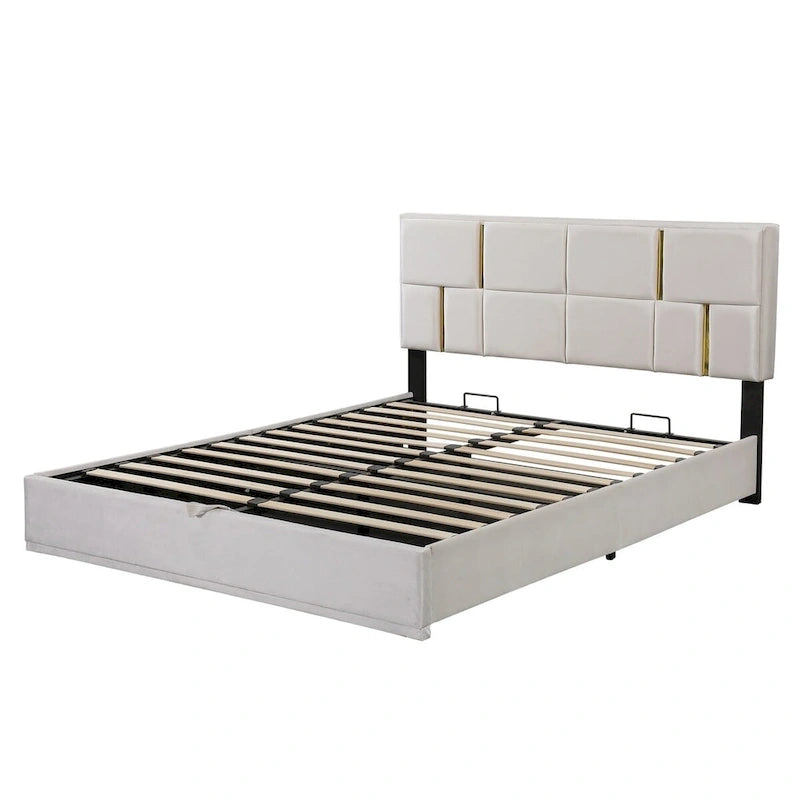 Lit plateforme tapissé avec pouf de rangement