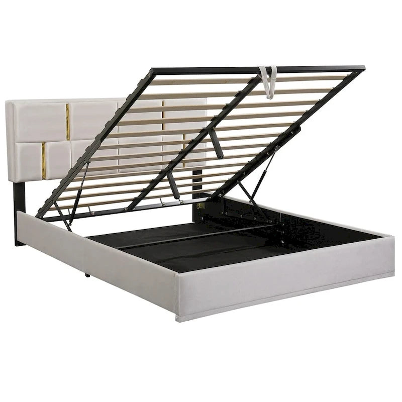 Lit plateforme tapissé avec pouf de rangement