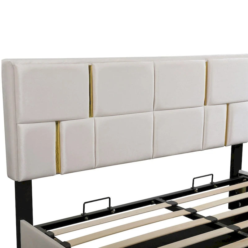 Lit plateforme tapissé avec pouf de rangement