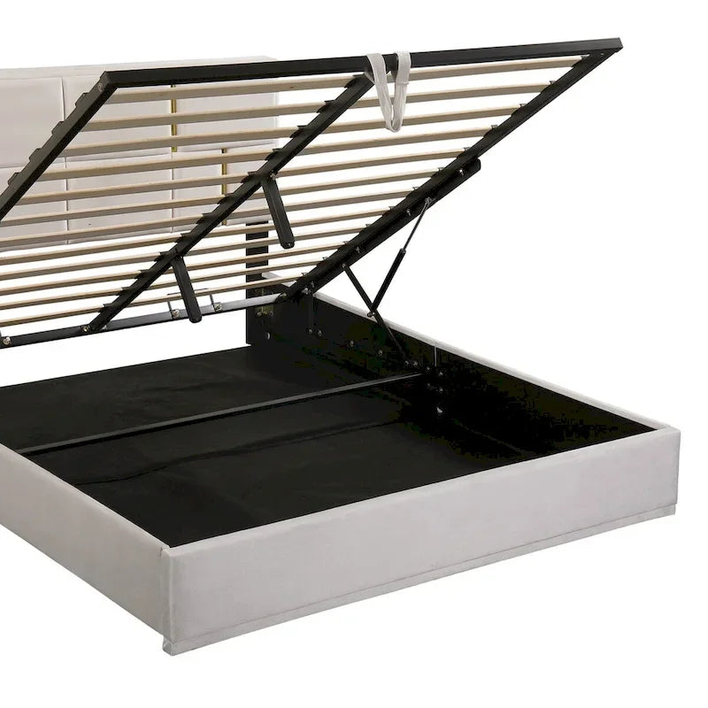 Lit plateforme tapissé avec pouf de rangement