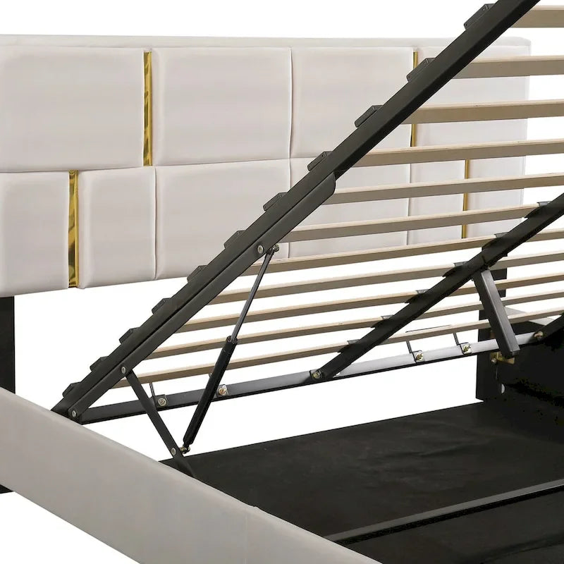 Lit plateforme tapissé avec pouf de rangement